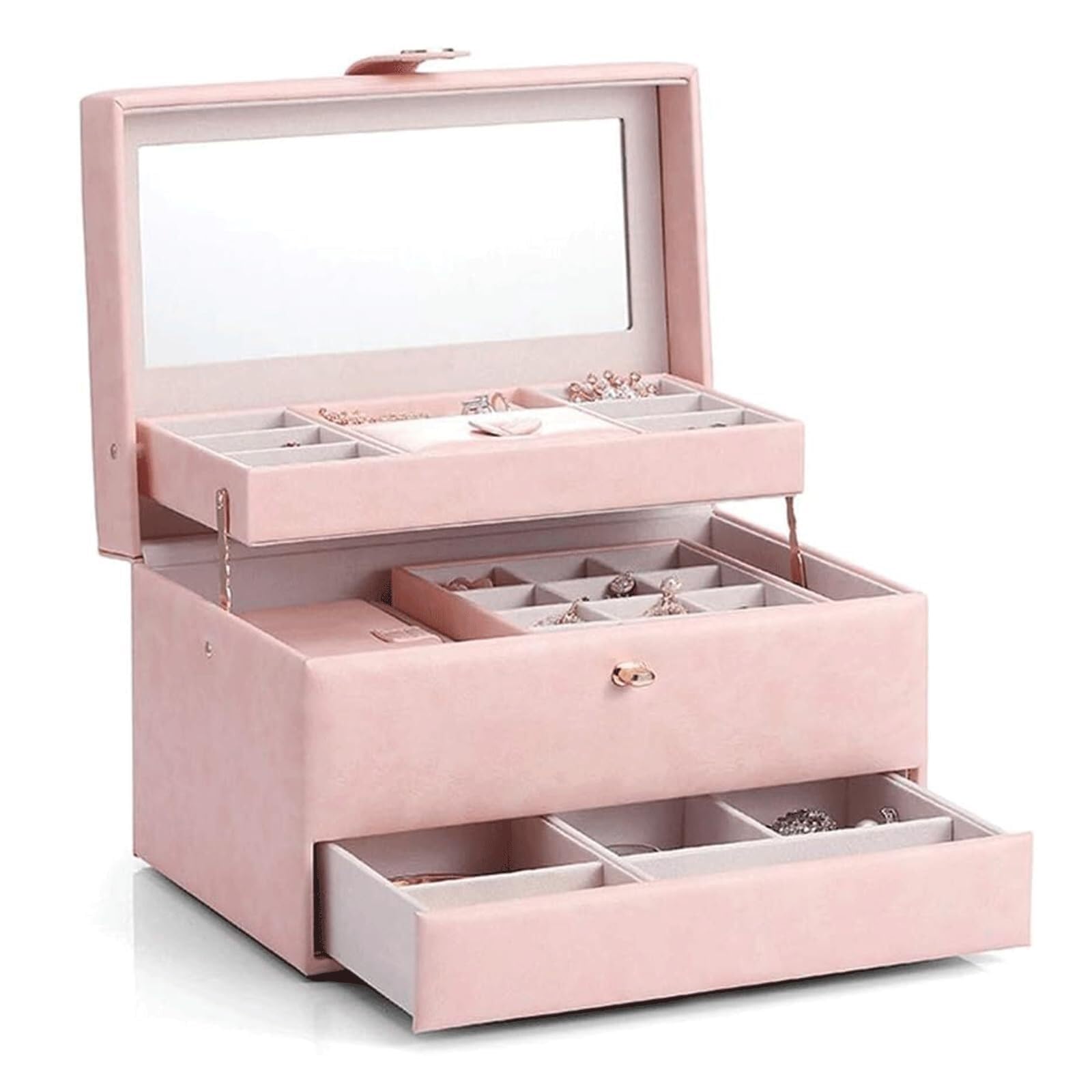 Coffret à bijoux en cuir rose haut de gamme avec miroir intégré pour femme