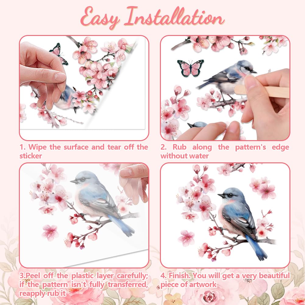Peacoblue Rub on Transfer Decals for Furniture Crafts Decor 6"x12" Cherry Blossom and Bird - Image 3