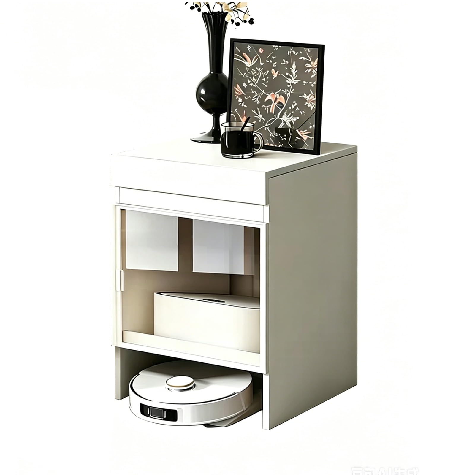 Wood Hidden Robot Vacuum Storage Cabinet with Door,Open Storage Shelves