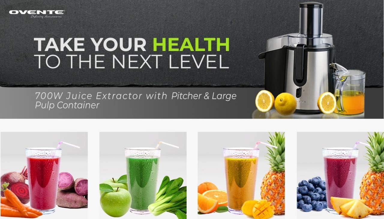 Ovente Electric Cold Press Juicer Extractor Machine for Citrus Fruit or Vegetable, 3 Inch Feed Chute Stainless Steel Cutting Disc, 700 Watt Easy Clean Squeezer for Fresh Orange Juice, Silver JE7607BR