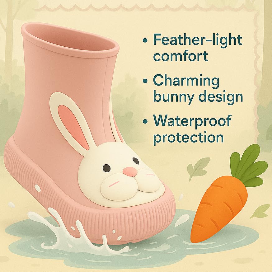 Toddler Rain Boots – Premium Rubber Kids Rain Boots for Boys & Girls with Non-Slip Soles – Children's EVA Outdoor Shoes - Pink Bunny Paw Design2