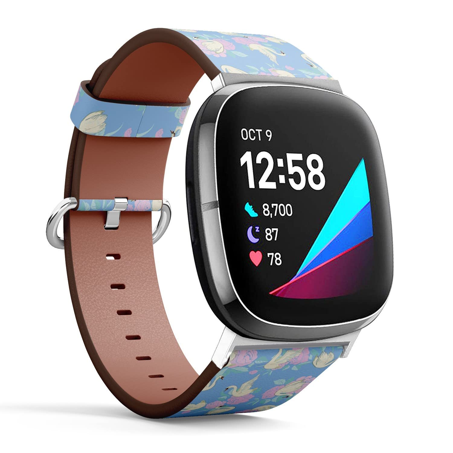 CJBROES Replacement Leather Watch Band, Compatible with Fitbit Versa 3 and Fitbit Sense of Wristband Bracelet Accessory - White-Swans-on