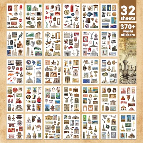 Image of 52 Sheets World Travel Stickers & Scrapbook Paper Set - Vintage Travel Themed for Scrapbooking Journaling Junk Journal Planner - Retro Adventure Stickers for DIY Crafts
