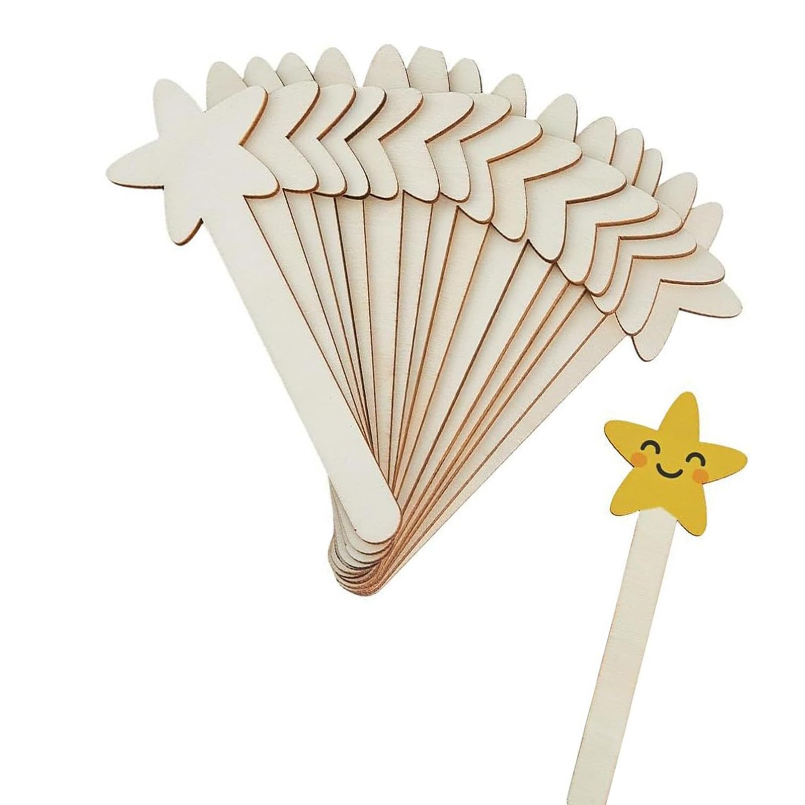 XuQiZZpp 60Pcs Unfinished Wooden Star Wand Cutouts Paintable Wood Star Stick Slices For Adult Art Painting Christmas Ornament