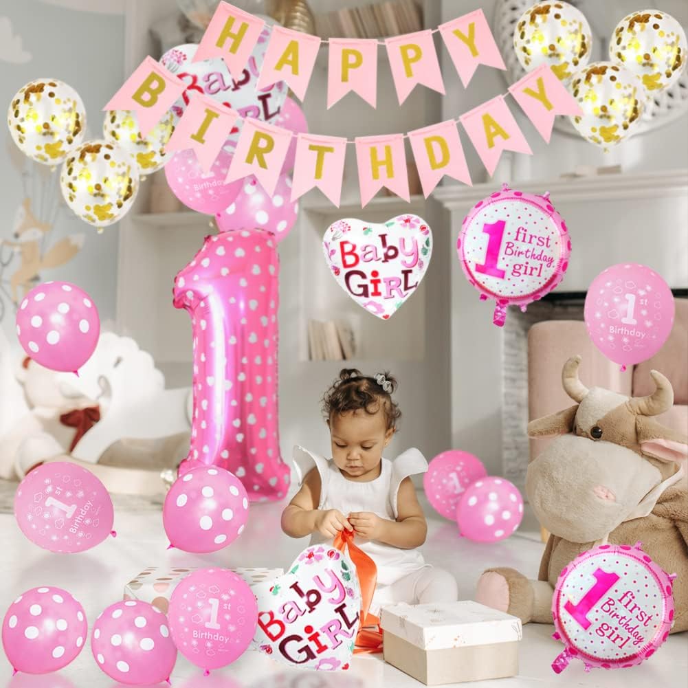 1st Birthday Decorations, Baby Boy 1st Birthday Decorations, Birthday Party Supplies (Pink