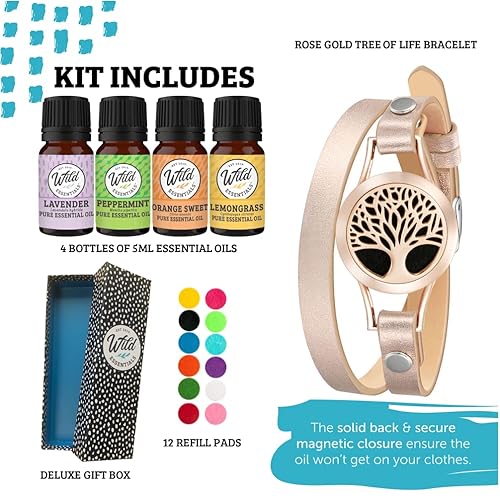 Miniatura 2 de Wild Essentials - Difusor de pulsera de cuero con aceite esencial de árbol de oro rosa, juego de regalo, lavanda, citronela, menta, aceites de