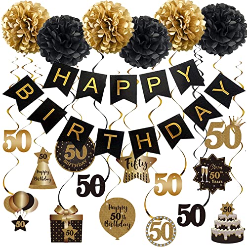 Bannière Happy Birthday 50 ans et déco de fête thématique adulte noir et doré