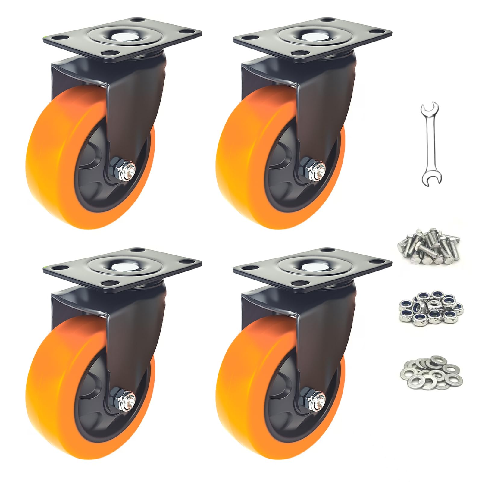 Nfbcxutkw Orange 4 X Swivel 4 Inch Caster Wheels, Heavy Duty Casters Set Of 4, Swivel Top Plate Industrial Casters For Furniture And Workbench, Orange Castors With Polyurethane Wheel (, 4 Inch)