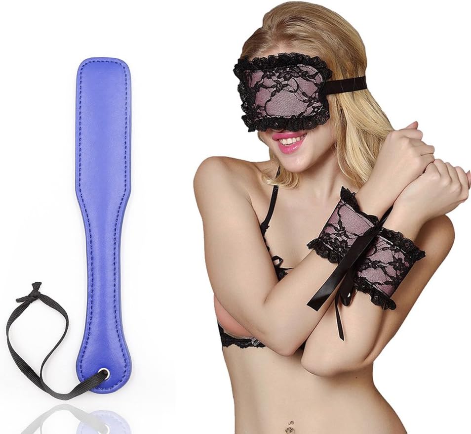 Party Decoeration PU Spanking Paddle 1/2 Inch Thick Black with Love Handcuff and Lace Blindfold Goggles
