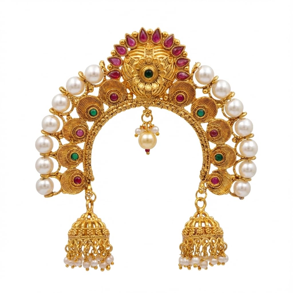 aaiku Traditional Gold-Plated Bridal Juda Khopa Pin with Ruby & Green Stones, Premium Pearls & Jhumka Danglers | Temple-Style Maharashtrian Hair Accessory with Multicolor Stone Studs | Hair Brooch for Women Traditional Wedding-picture-32