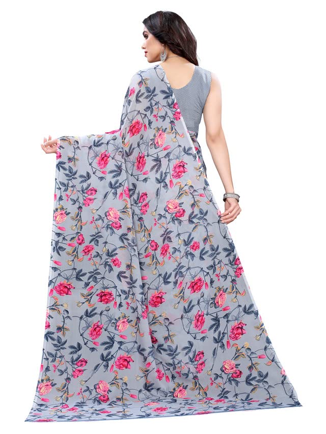Image of Women's Floral Printed Georgette Saree with Unstitched Blouse Piece
