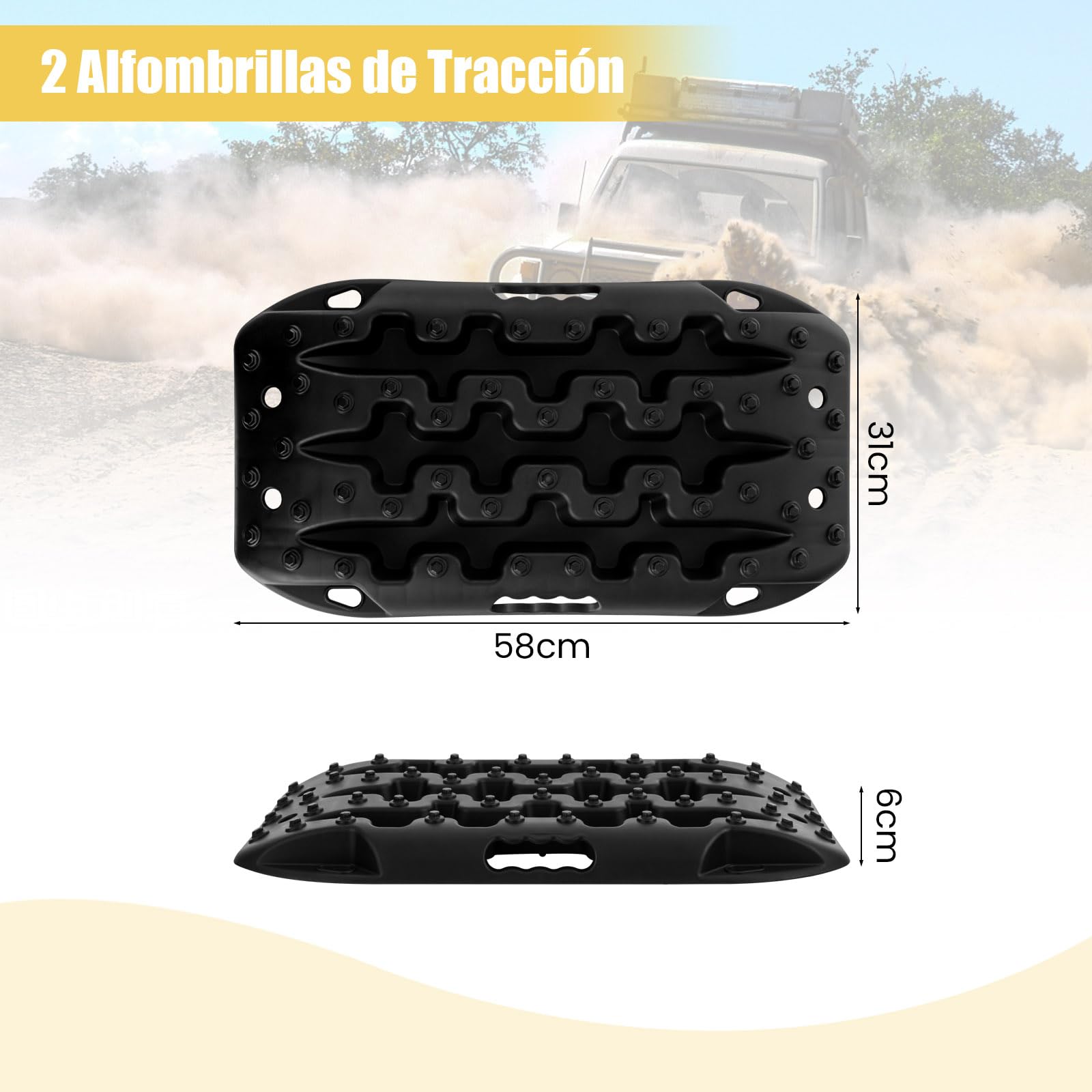 GOPLUS Tablas de Recuperación Todoterreno, Juego de 2 Alfombrillas de Tracción, Extracción de Vehículos de Arena, Barro, Nieve, Carga 10T (Negro, 58 x 31 x 6 cm)