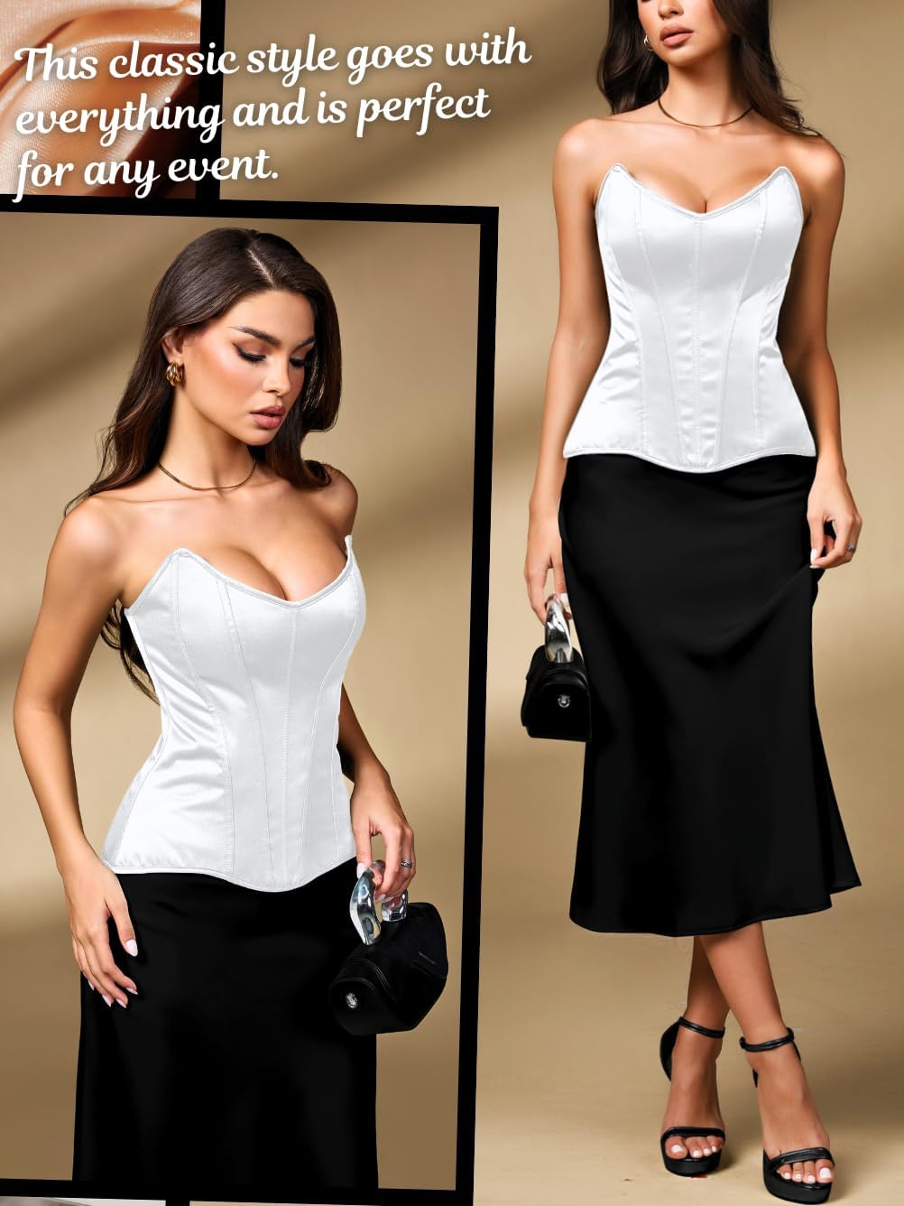 EHSUYAB Women Satin Overbust Corset Top, 15 Steel Boned Lace Up Shapewear, Xs-6Xl Sexy Bustier Formal Evening Party Going Out