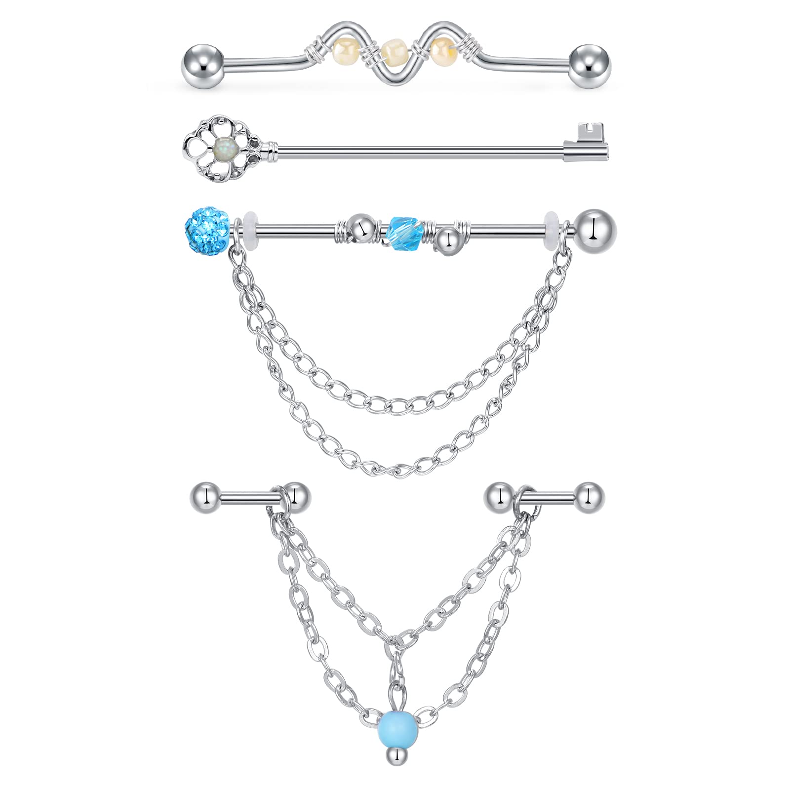 Briana Williams4piezas Piercing Industrial 38mm Barbell con Colgante 14G Acero Quirúrgico Plata Scaffold Piercing Joyería Flecha Azul