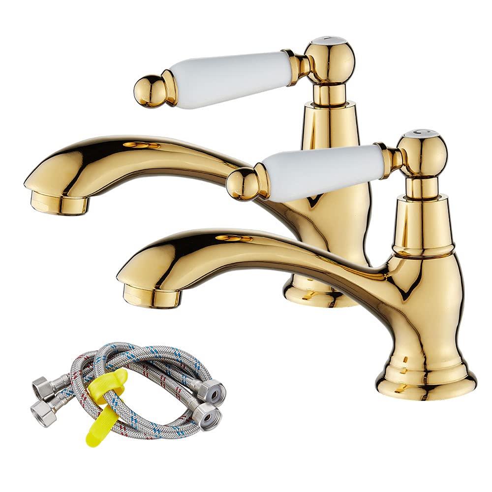 Maynosi Bathroom Basin Pillar Taps, Pair Basin Sink Taps with Dual Ceramic Levers, Traditional Faucet for Washroom, 1/4 Turn, Include Flexible Hoses, Solid Brass, Polished Gold