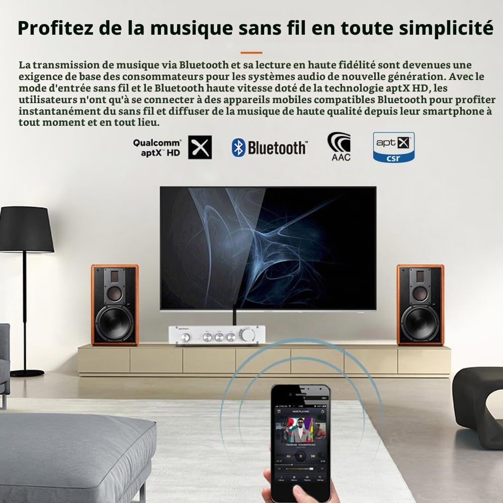 L1B Préamplificateur Pure Classe A HiFi Audio Domestique 2.1 canaux Contrôle indépendant des Hautes et Basses fréquences Bluetooth 5.0 Décodage indépendant PCM5102 Préamp（Argent）