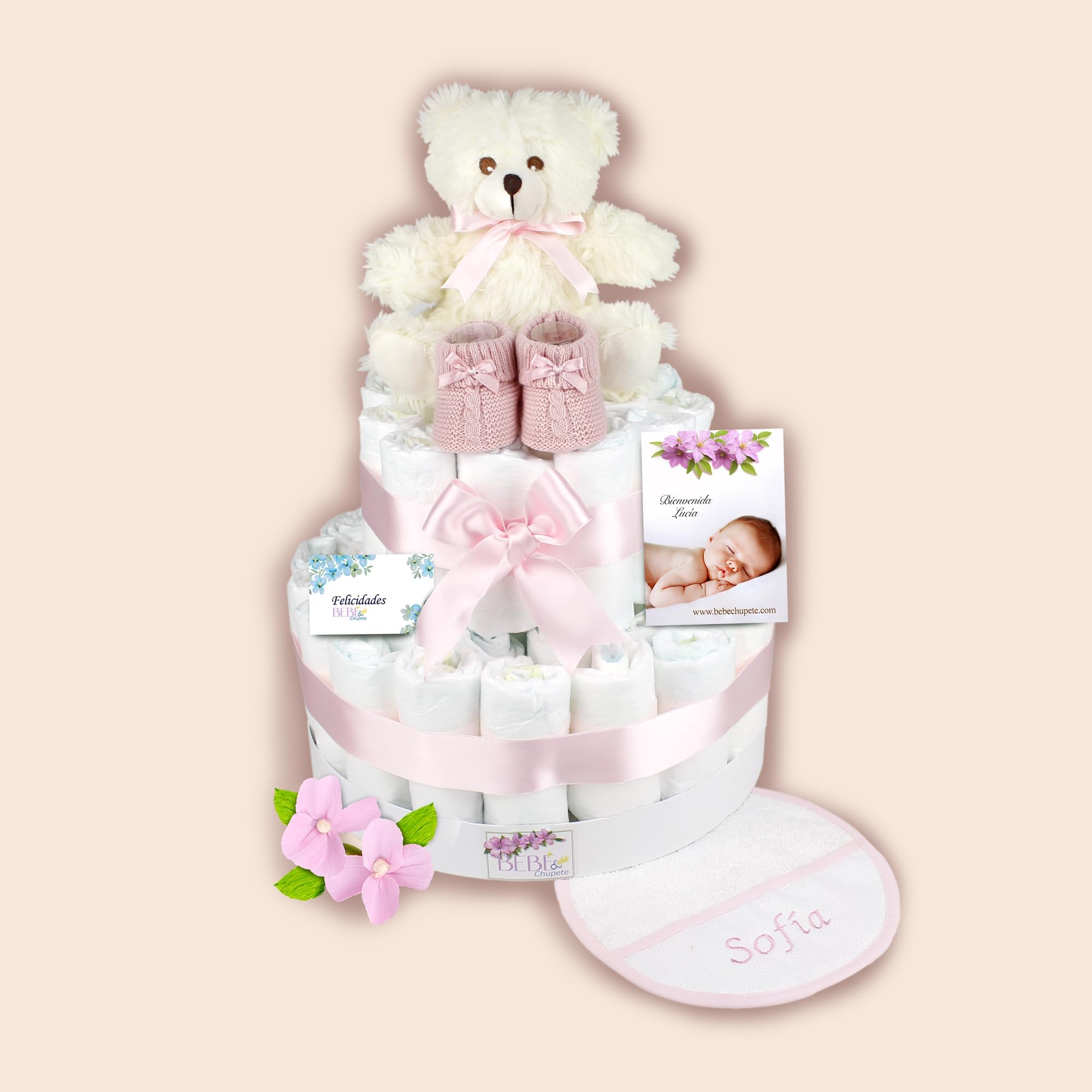 BEBÉCHUPETE Tarta de Pañales DODO T 60 Pañales- Pañales Recién Nacido Sensitive Talla 2 de 4 a 8 kg, Tarta Pañales Bebe con Babero Bordado con Nombre, Regalo Bebe Recien Nacido, Canastilla Bebe (Rosa)