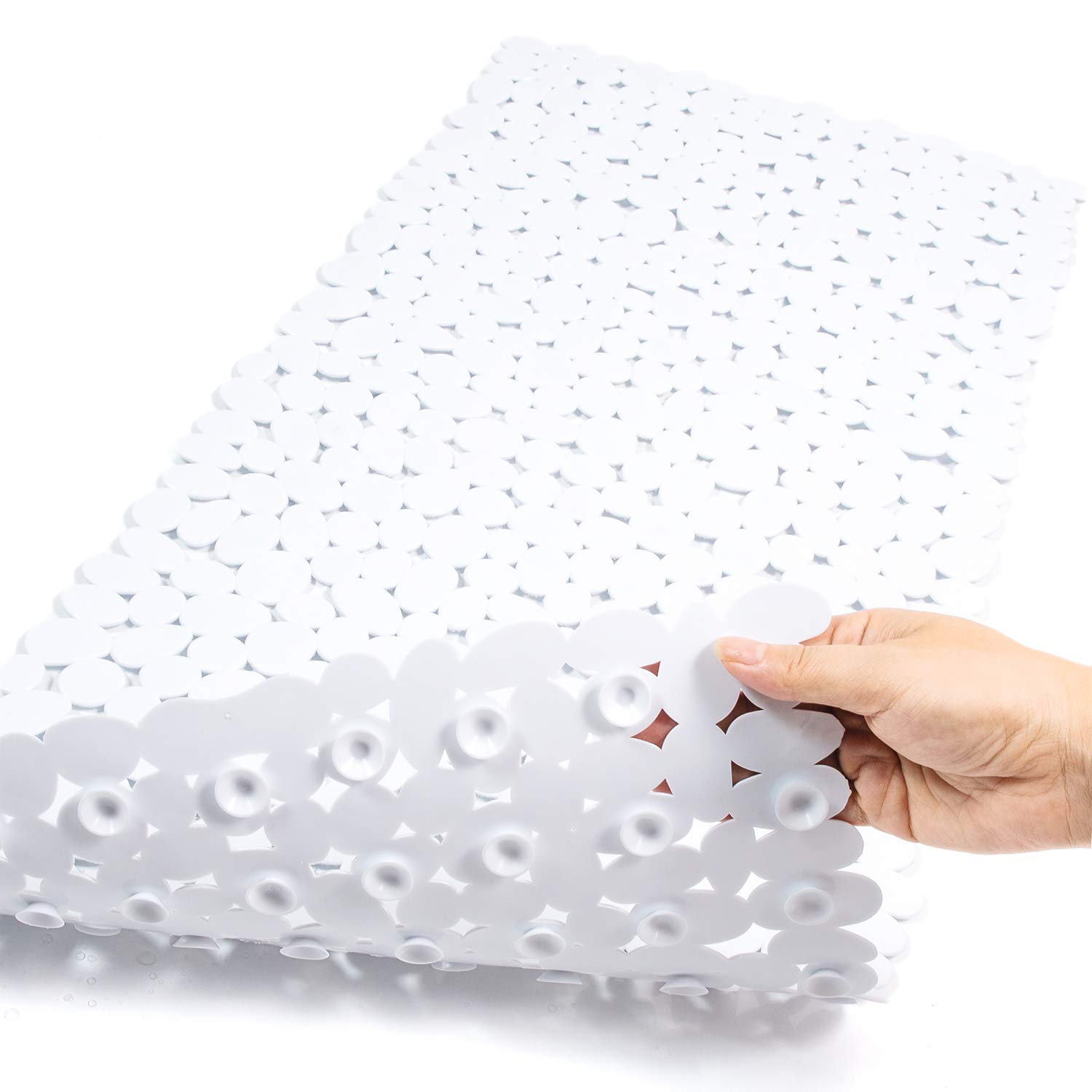 TEESHLY Bath Tub and Shower Mats, Non-Slip Pebble 35 x 16 Inches Machine Washable Bathtub Mat with Drain Holes, Suction Cups for Bathroom (White)