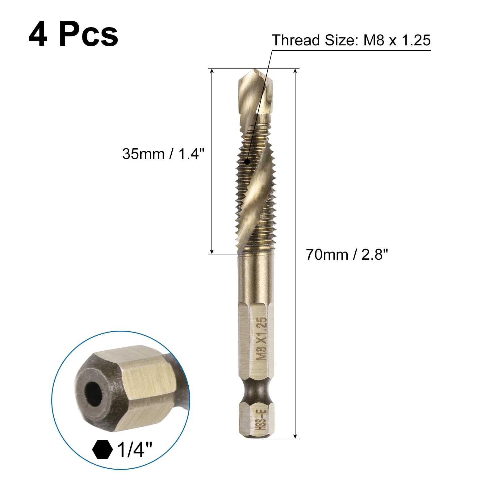 QUARKZMAN 4pz Punte Trapano Maschi Filettare Metrici M8 x 1.25 Attacco Esagonale 1/4" Acciaio Alta Velocità Kit Foratura Filettatura