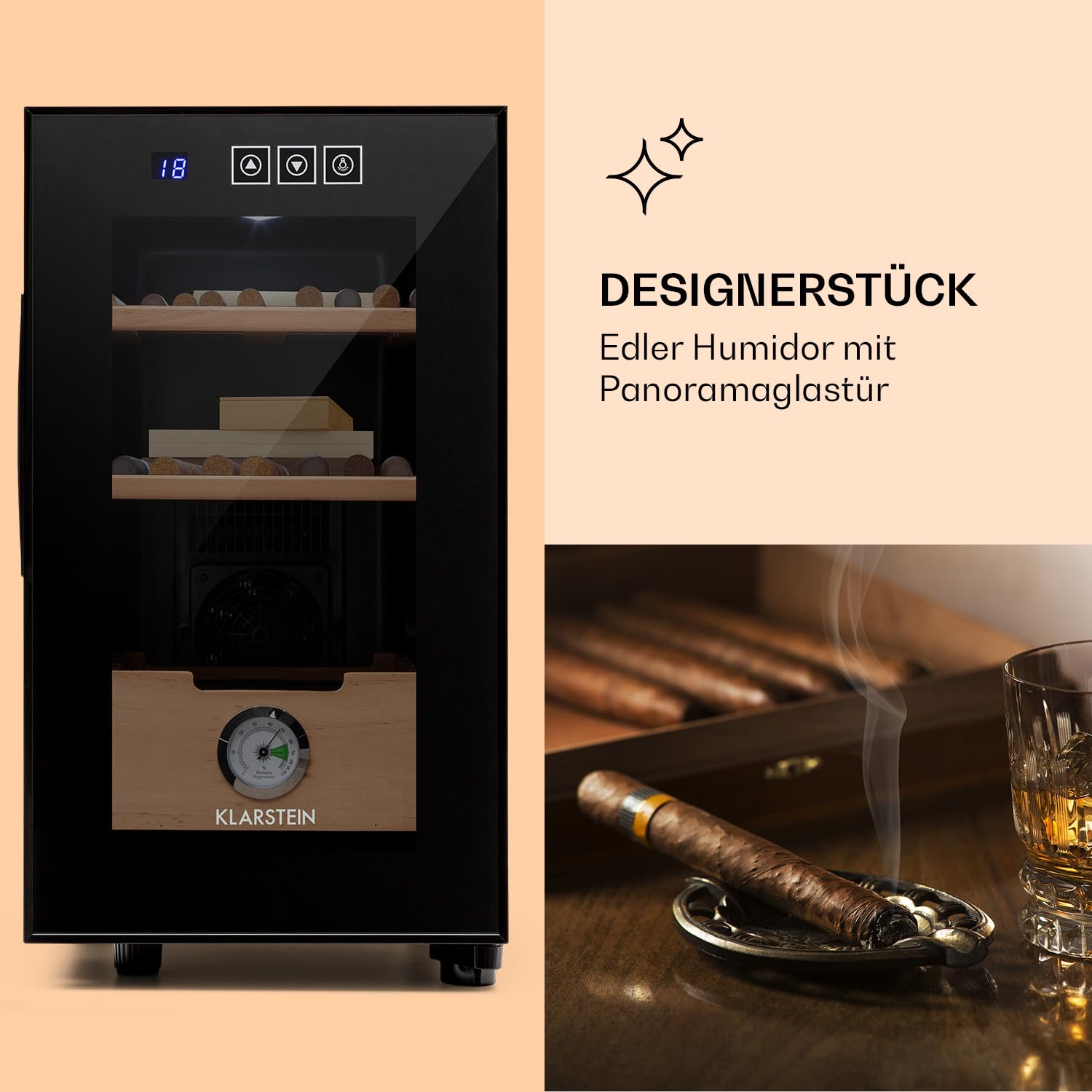 Klarstein El Presidente Zigarren-Humidor - thermoelektrisch, Glastür, freistehend, Einschübe und Schublade aus Zedernholz, Hygrometer, LED-Innenbeleuchtung, 23 Liter, schwarz