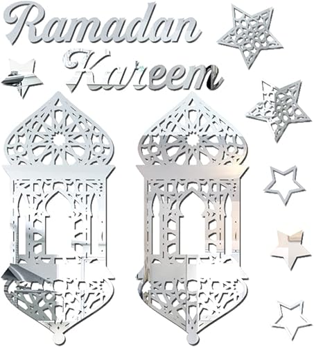 ALIBBON Calcomanías de Ramadán Kareem, calcomanías de estrella de castillo plateado, decoraciones de pared de Eid Mubarak para el hogar, decoración