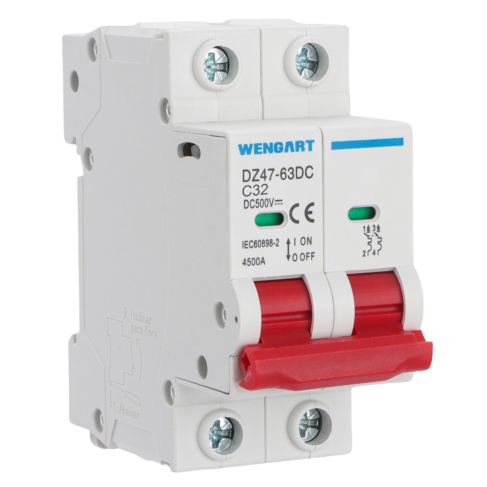 Wengart Miniature Circuit Breaker DZ47-63Z,DC Disconnect Switch,500V 32A 2 Poles,DIN Rail Mount,Work for Battery and Solar PV Systems and other DC Systems