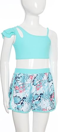 Girls Athletic 2 Pcs Swimsuits Ruffles One Shoulder Crop Top with Shorts Tankini Sets