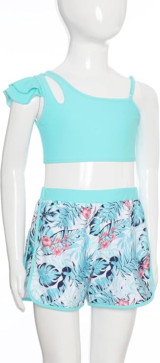 Girls Athletic 2 Pcs Swimsuits Ruffles One Shoulder Crop Top with Shorts Tankini Sets