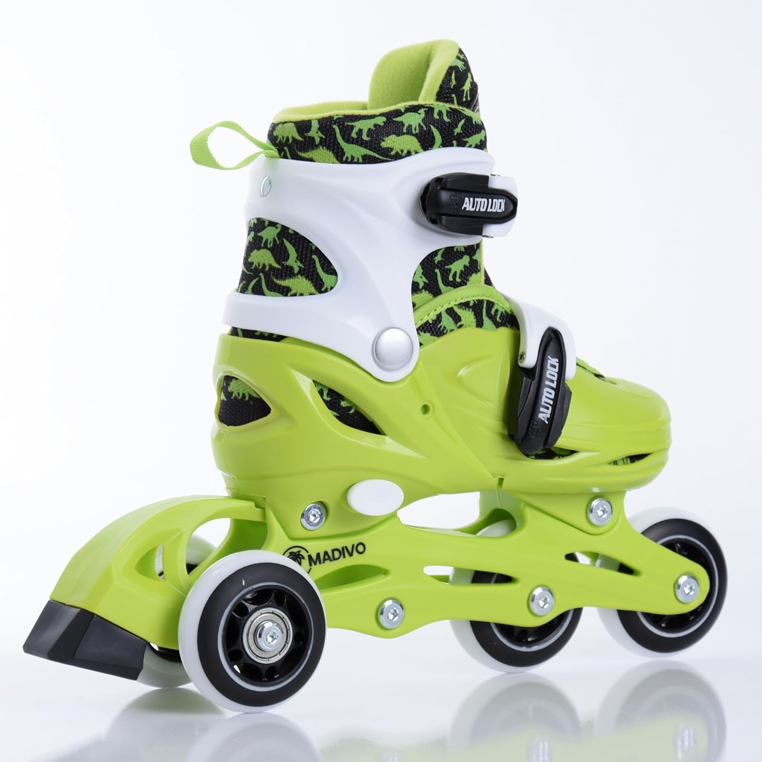Madivo Dino Set 2 en 1 Rollers / Triskates réglables | Patins à roulettes ABEC-5 | Rollers en ligne convertibles en patins à roulettes | Vert/noir | Tailles : 26-29, 30-33