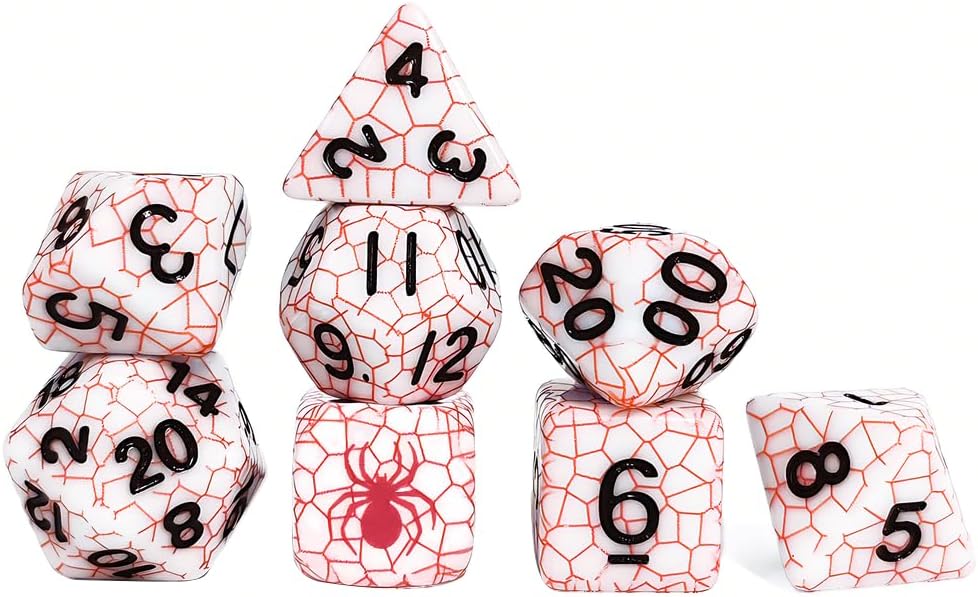 Spider Web Pattern Polyhedral Dice Set, 8 Pieces, Multiple Colors Available, DND RPG Gaming Dice with Spider Design (Red)