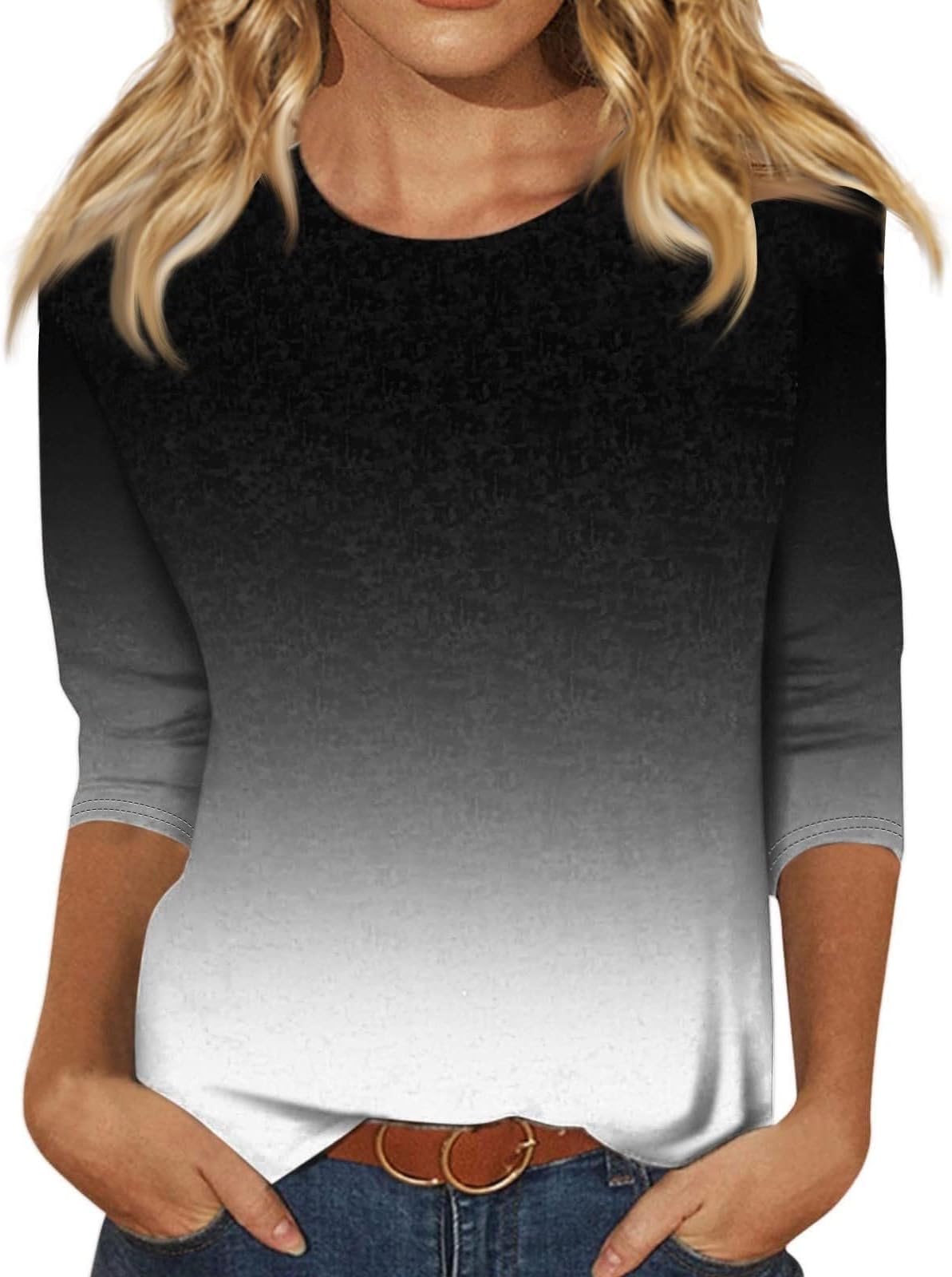 Women's Casual Gradient Color 3/4 Sleeve Round Neck T-Shirt Top Comfortable and Stylish Blouse for Daily Wear