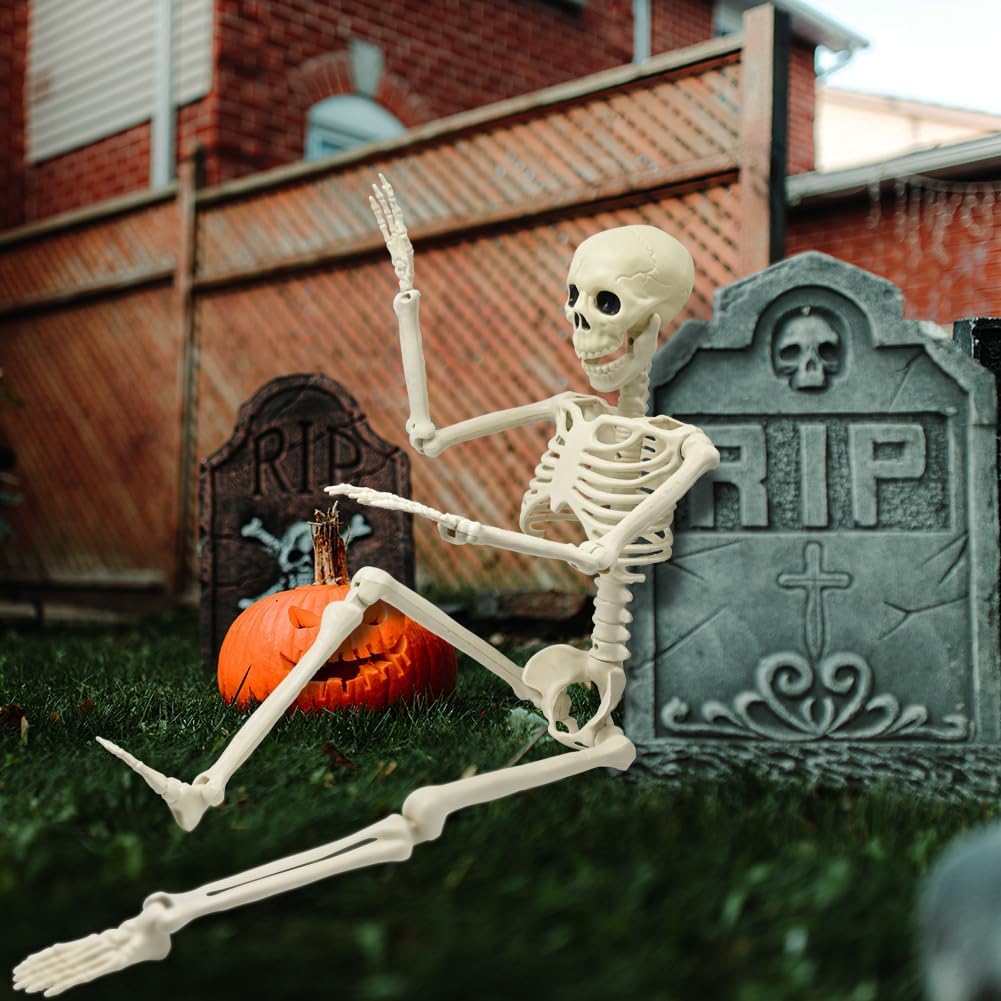 CAMIRUS Esqueleto de Halloween de 3 pies, esqueleto de Halloween de cuerpo completo de 36 pulgadas con articulaciones articulables móviles, accesorio de huesos humanos realistas de plástico para