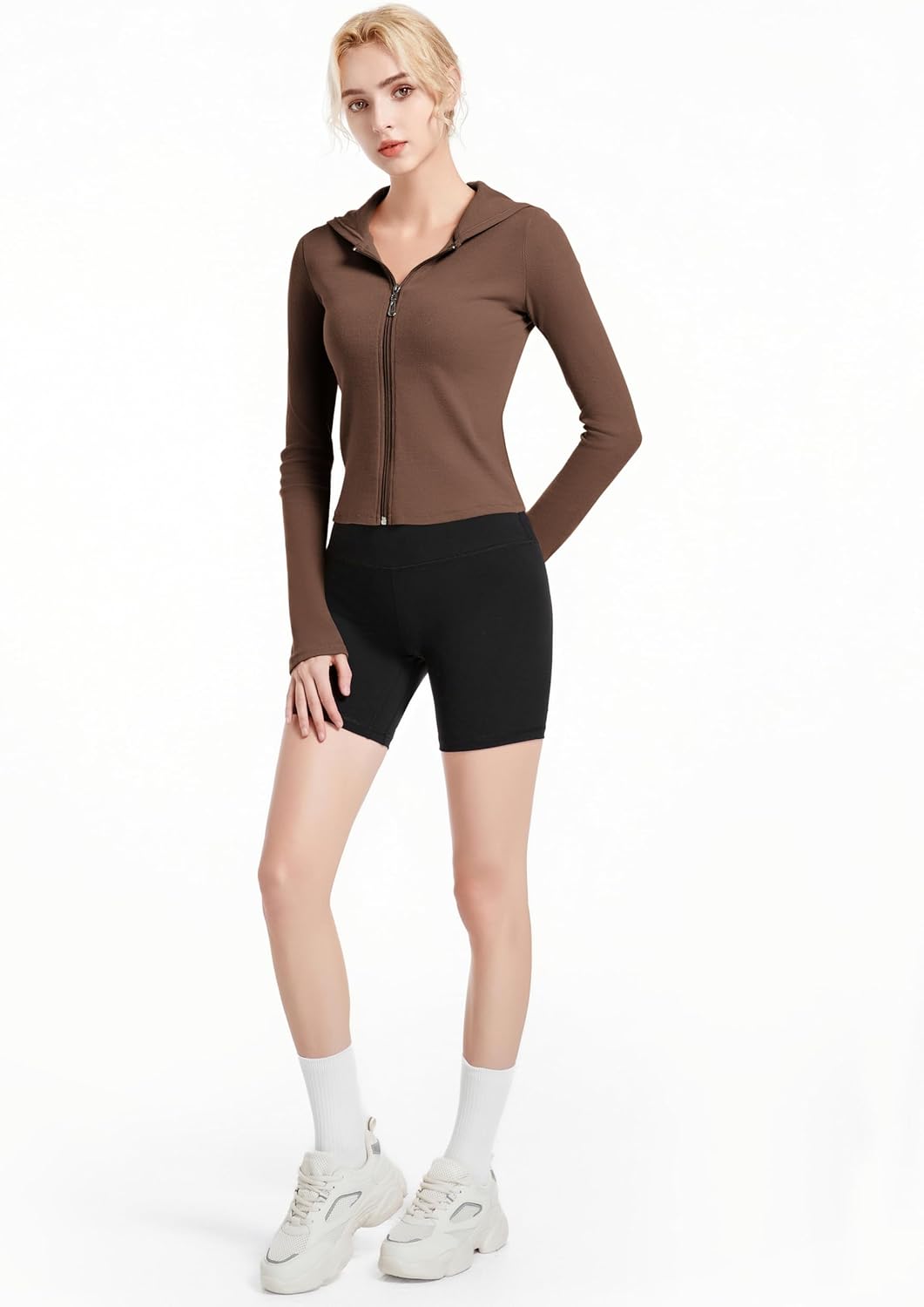 Ribbed Hoodies for Women Lightweight Full Zip Up Jackets Long Sleeves Tops Fitted Cropped Sweatshirt - Image 6