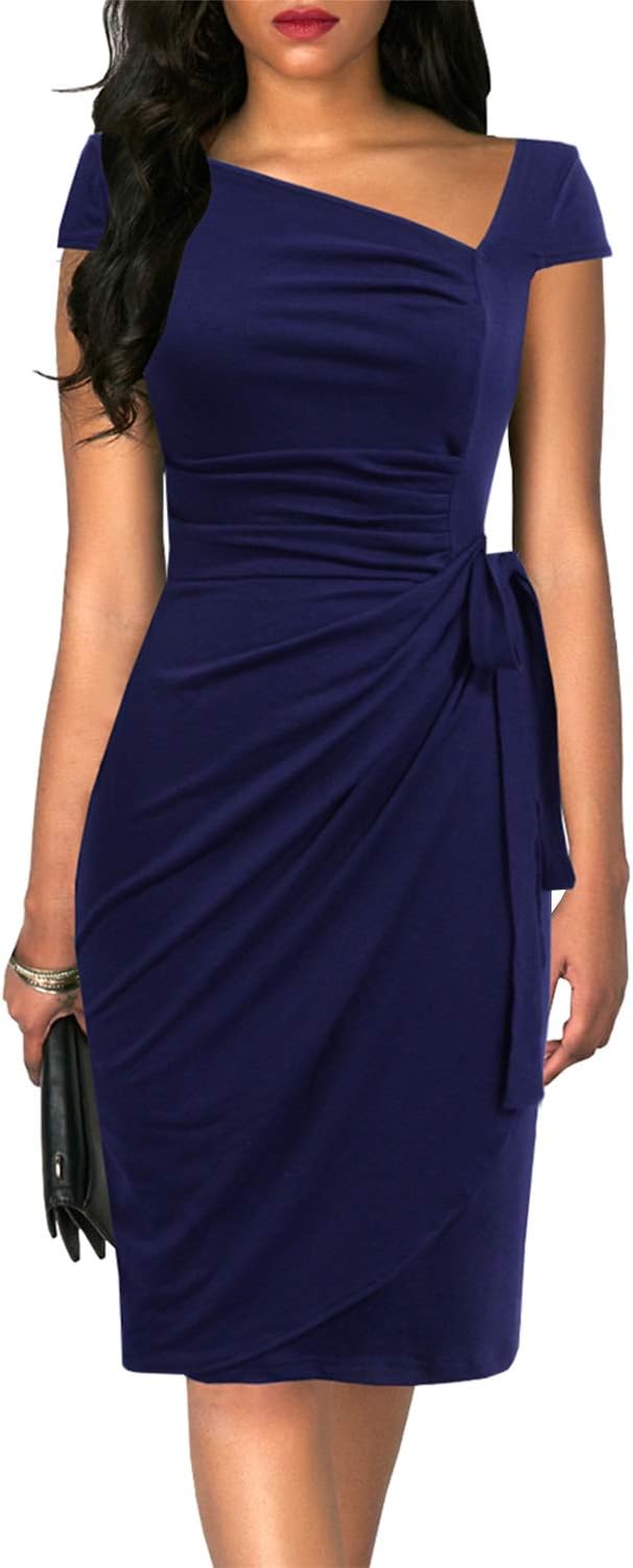 Women's Vintage Cap Sleeves Asymmetrical Neckline Sheath Bodycon Casual Work Cocktail Party Pencil Faux Wrap Dresses