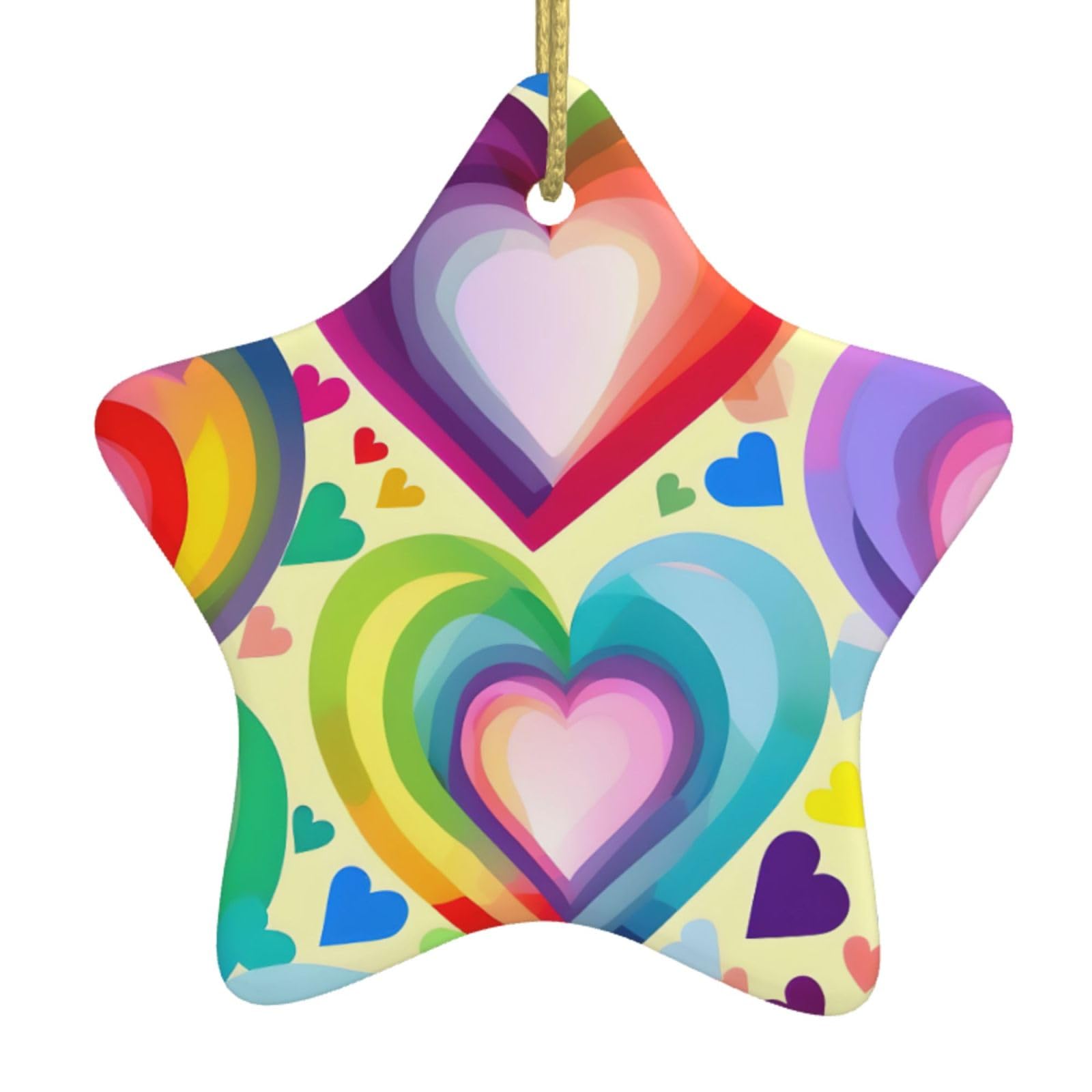 Hearts In Rainbow Colors Print Christmas Ornaments, Ceramic Hanging Ornament, Round Shape Decorations