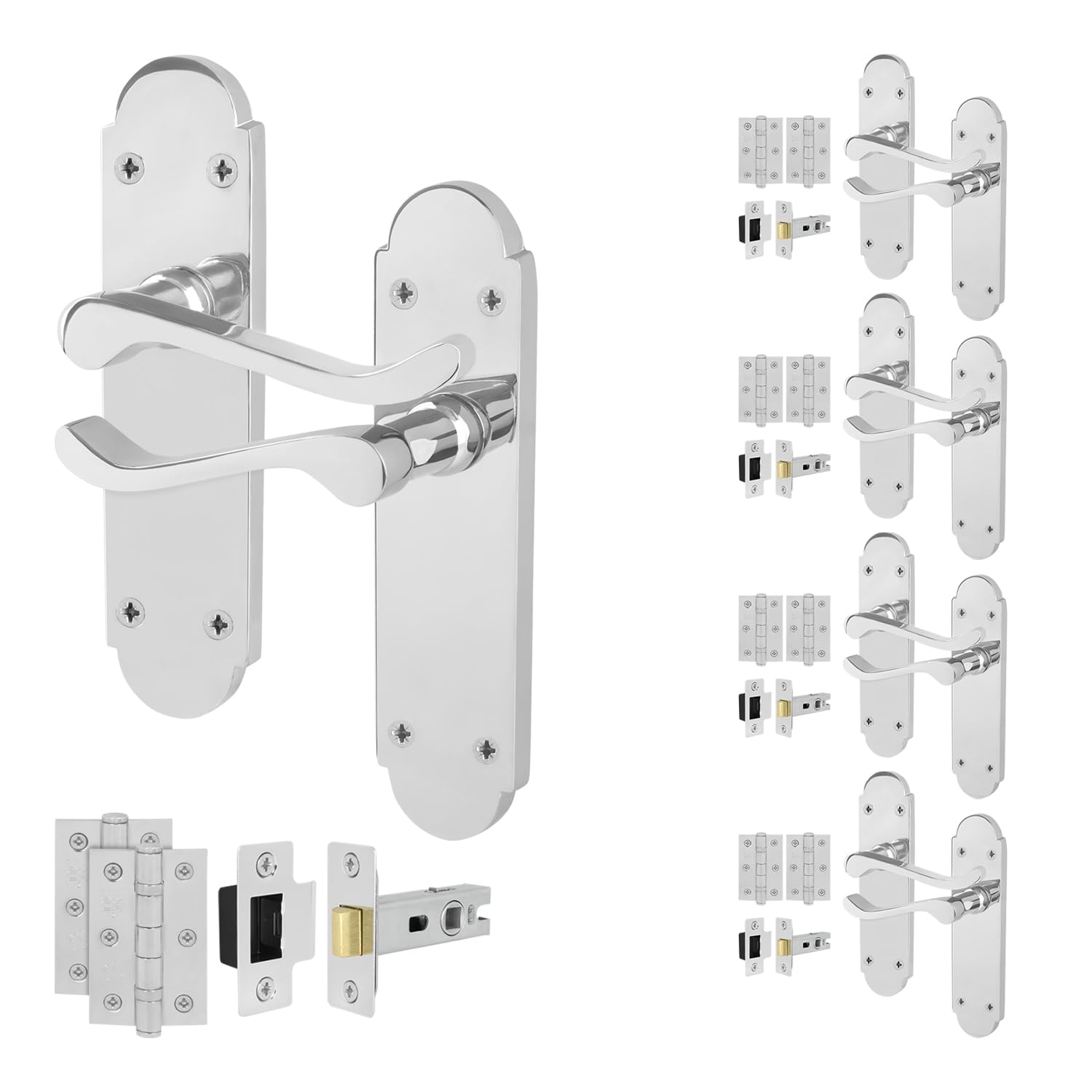 EAI Polished Chrome Door Handles with Latch 64mm, Hinges, 5 Pack - Scroll