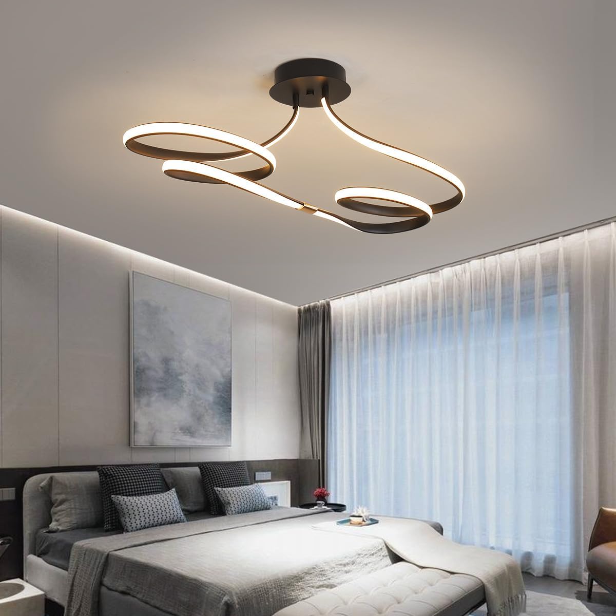29.5in Flush Mount Low Ceiling Chandelier, Covering Living Room & Kitchen Ceiling Light, Dimmable LED with Remote (Black 28W)