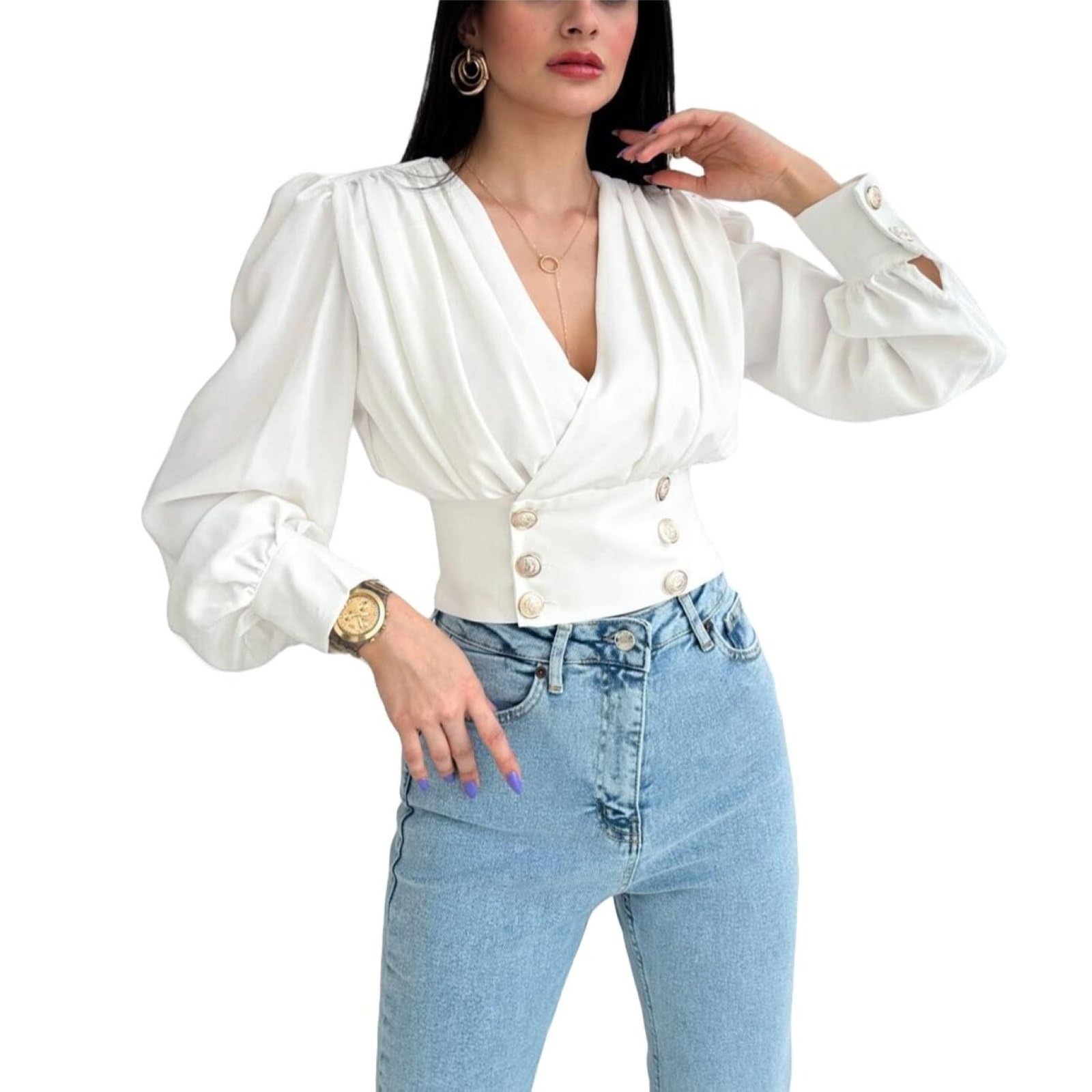 HGKPFGTF Women's Vintage V-Neck Blouse Sexy Long-Sleeved Puff Sleeves Tops Solid Color Shirts Tops