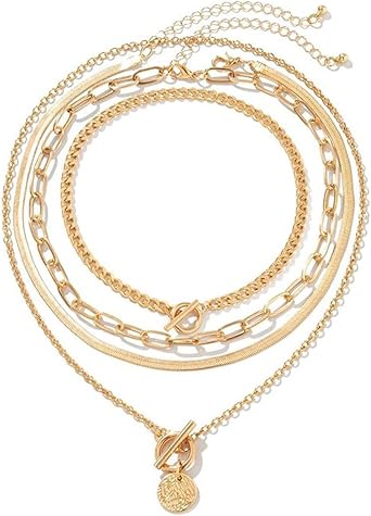 4 Pcs Layered Necklaces for Women, Chunky Gold Necklace, Paperclip Necklace Choker Chunky Necklaces for Women Girls, Gold Punk Chain Round Retro Coin Medallion Pendant Jewelry Gifts