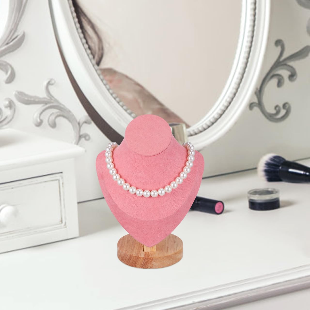 Pink Mannequin Bust Jewelry Organizer - Necklace Holder Stand with Wood Base for Home and Shop Display, 7.67 X 5.90 X 3.54 Inches
