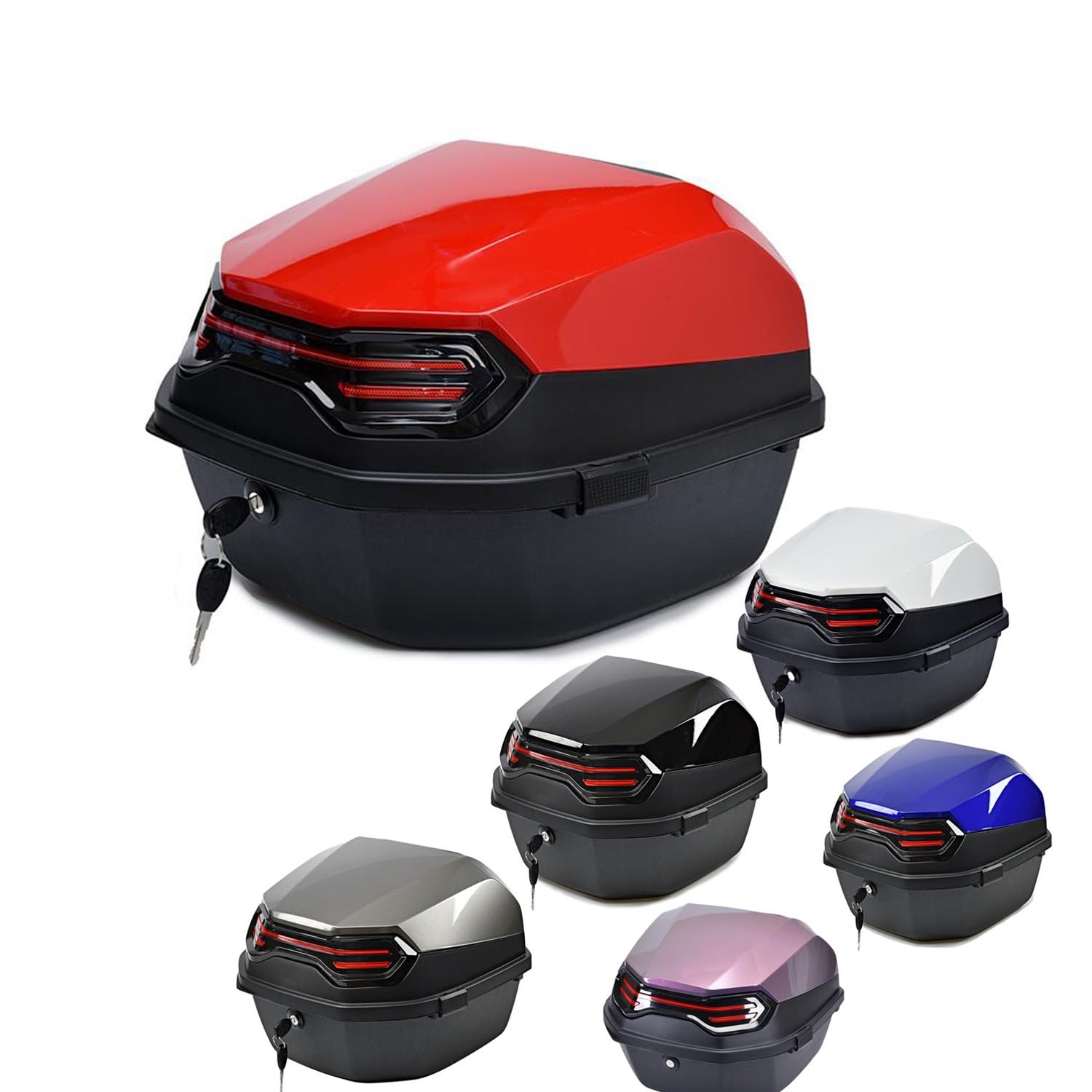 Baúl De Moto Impermeable Universal con Cerradura De Seguridad y Accesorios para Almacenamiento De Casco (Roja, 41x40x30cm)