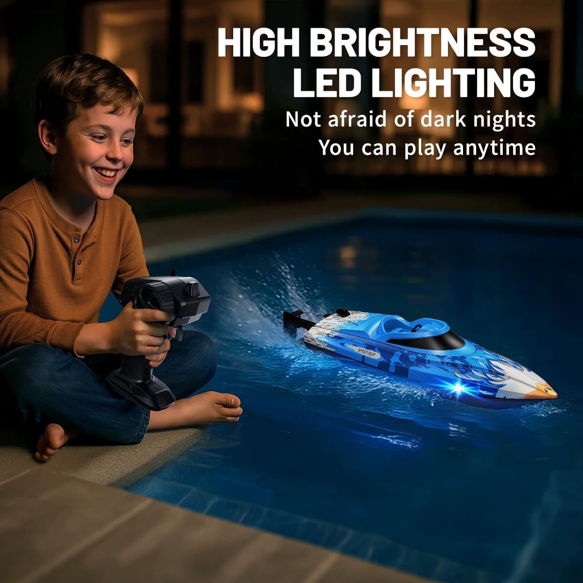RC Boat 25KM/H High Speed Waterproof Remote Control Boat,Water Cooling, 2.4GHz Remote, 2 Batteries, LED Lights, One-Key Flip, Low Battery & Out-of-Range Alarm, Pool & Lake Racing for Kids & Adults