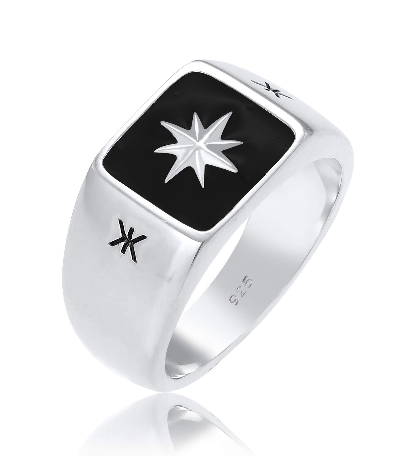 Kuzzoi Anillo de sello para hombre de 11 mm de ancho en plata de ley 925, superficie esmaltada negra con diseño de estrella, anillo para hombres de tamaño 54-66, 0601112320