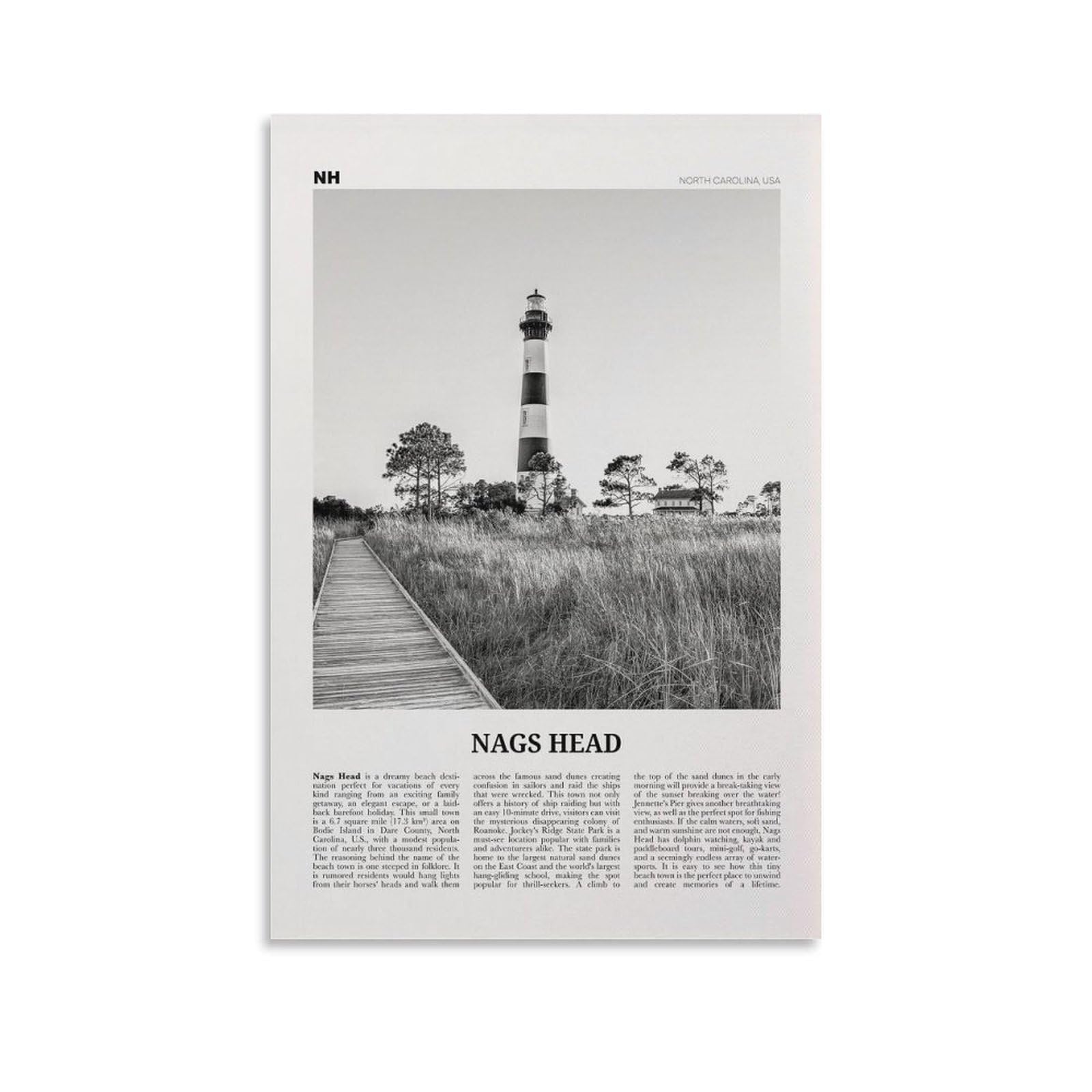 LZTEN Nags Head Print, Black And White Wall Art, North Carolina, USA Canvas Wall Art