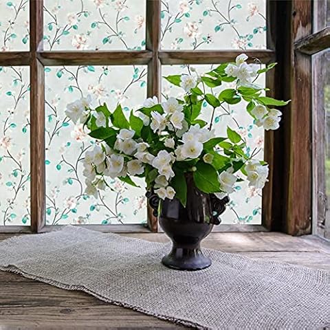 VSUDO Privacy Window Film, Jasmine Flower Pattern Window Tint for Home, Static Cling Window Glass Sticker (30x200 cm) Cover