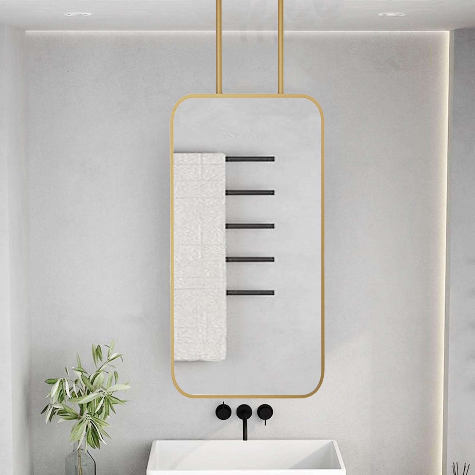 DFGHNBVC Nordic Hanging Mirror For Wall Decor Rectangle Ceiling Mounted Mirror With Double Floating Booms Decorative Suspended Mirrors With Metal Frame For Bathroom,40Cmx70Cm,50Cmx60Cm