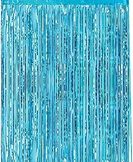 CHRORINE 1pcs 6.5ft Light Blue Metallic Tinsel Foil Fringe Curtain Door Curtains Hanging Streamers for Frozen Mermaid Birthday Baby Shower Mama Mia Bachelorette Blue Party Decorations