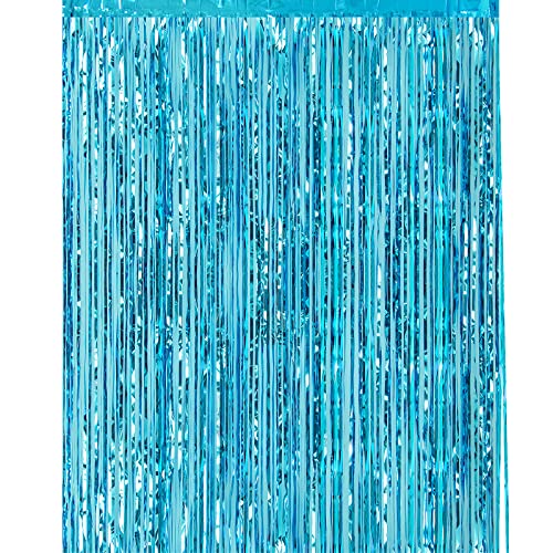 CHRORINE 1pcs 6.5ft Light Blue Metallic Tinsel Foil Fringe Curtain Door Curtains Hanging Streamers for Frozen Mermaid Birthday Baby Shower Mama Mia Bachelorette Blue Party Decorations