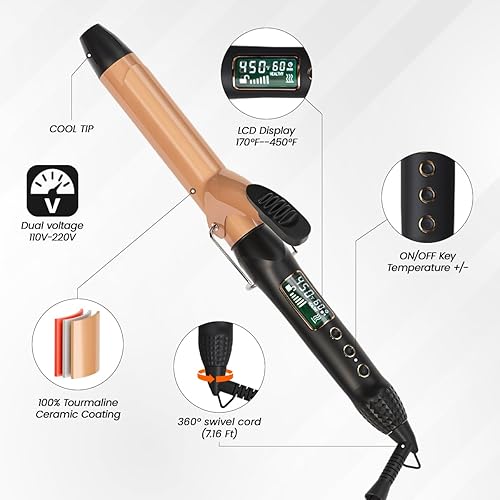 Miniatura 9 de Rizador de 1 14 pulgadas con revestimiento de cerámica, rizador de barril largo con pantalla LCD, rizador de varita con guante protector y 2 clips