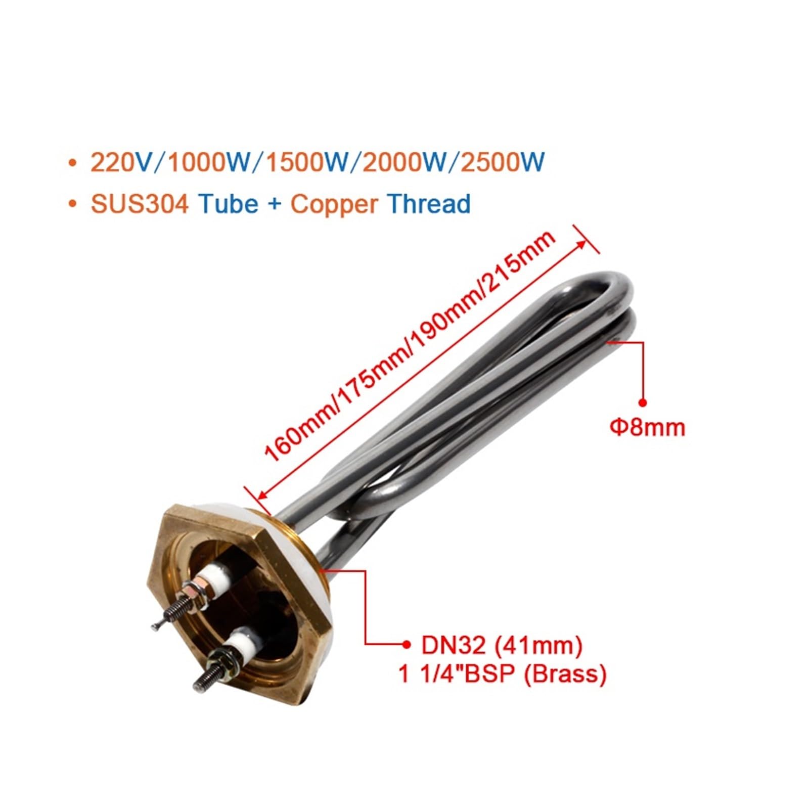 Resistenza per scaldabagno, Elemento riscaldante ad immersione con filettatura in ottone DN32 SUS304 (160-215) mm 1-2,5KW for serbatoio caldaia(2.5KW 215mm Tube)